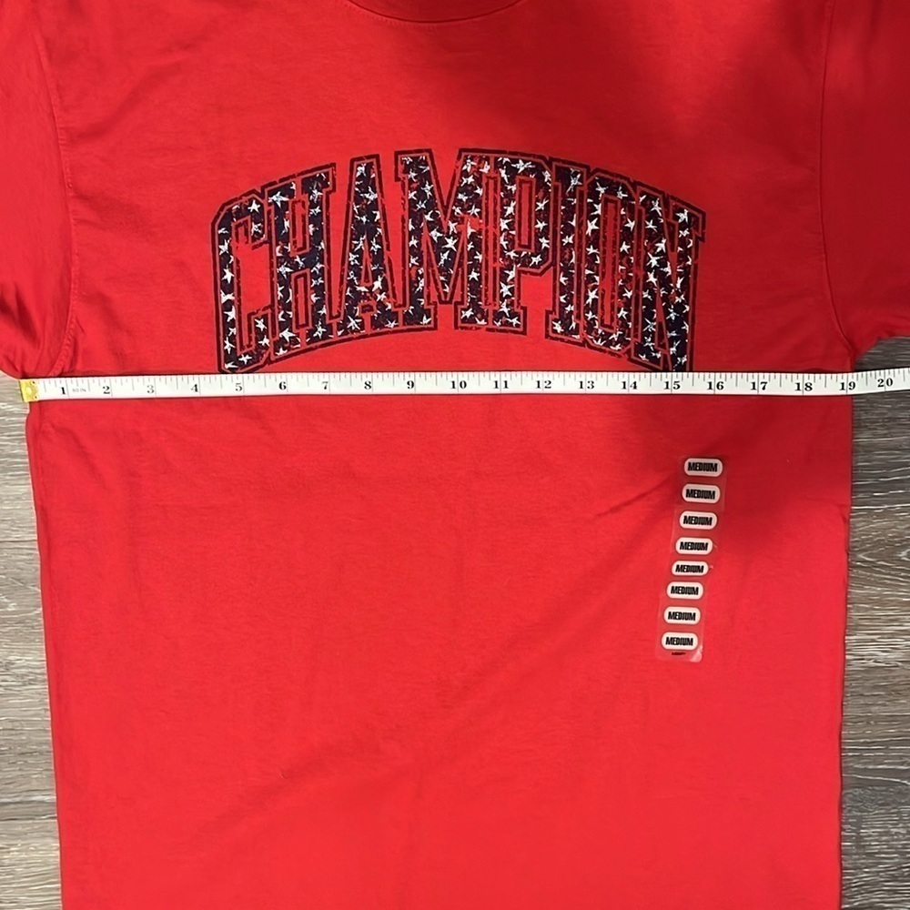 🆕 Men’s Patriotic Champion Red Tee with Blue Letters and White Stars Size M - Picture 8 of 9